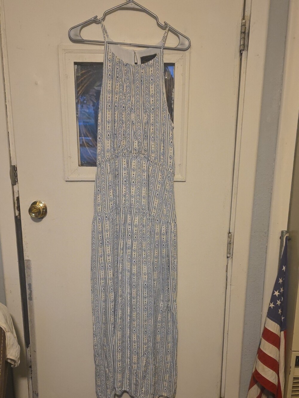 Blue and White Printed Halter Maxi Dress